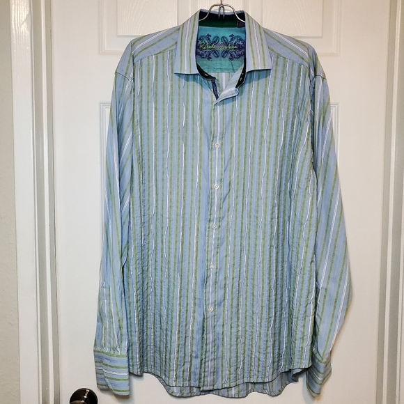 Robert Graham Men's XL Button Down Shirt Striped Blue Green Flip Cuffs - Picture 1 of 9